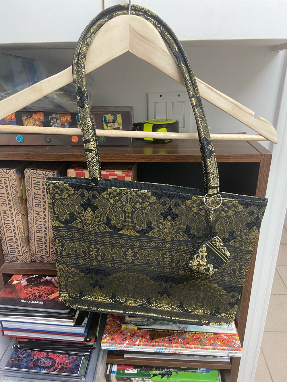 Vintage Thai Black and Gold Brocade Tote Bag with Elephant Ornate Pattern